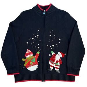 Hampshire Studio VTG Wool Santa Snowman Ugly Christmas Sweater Black Size Large